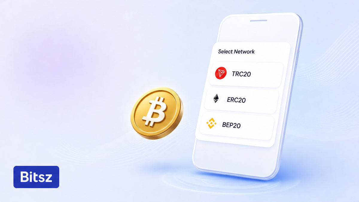 Три чипа сетей Bitsz на телефоне: TRC20, ERC20 и BEP20 на светлом баннере