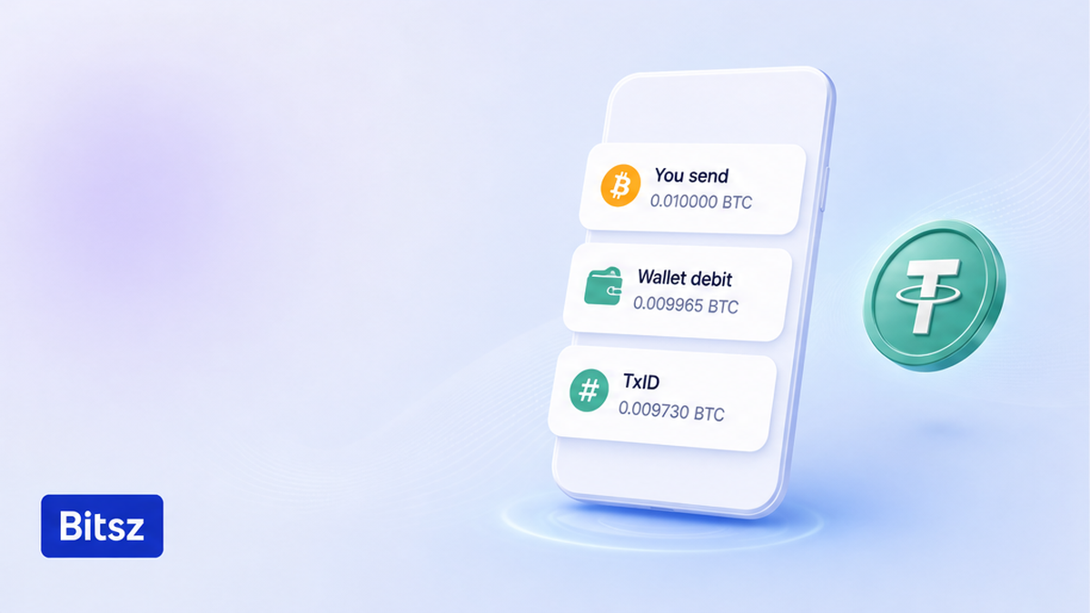 Три чипа на экране телефона Bitsz: You send, списание с кошелька и сумма TxID