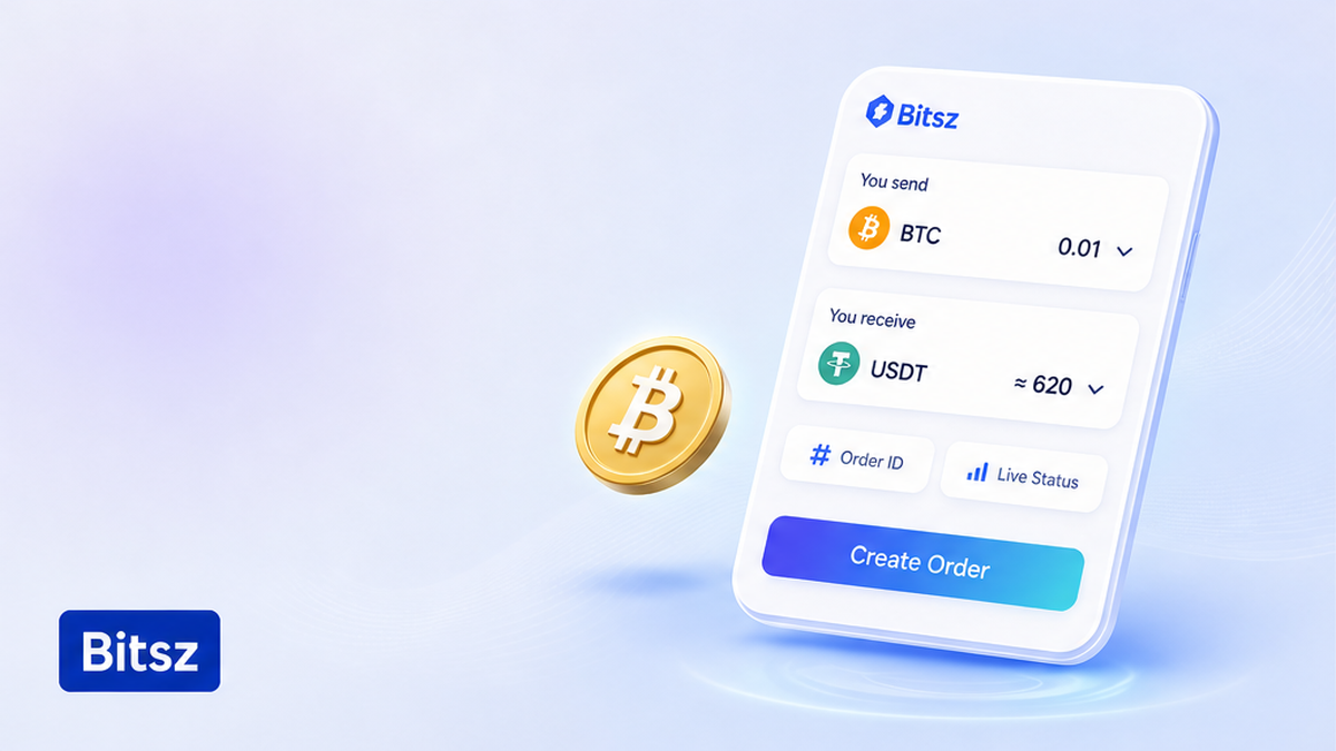 Виджет живой заявки Bitsz с Order ID и статусом на светлом баннере