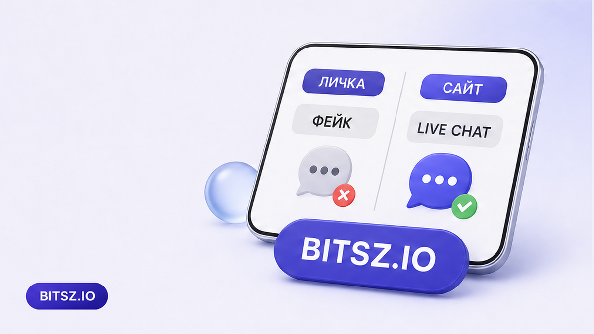 Баннер Bitsz: две колонки на телефоне — входящая личка как фейк и Live Chat на сайте