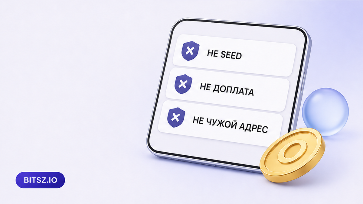 Баннер Bitsz: чеклист на телефоне — не называть seed, не доплачивать, не слать на чужой адрес