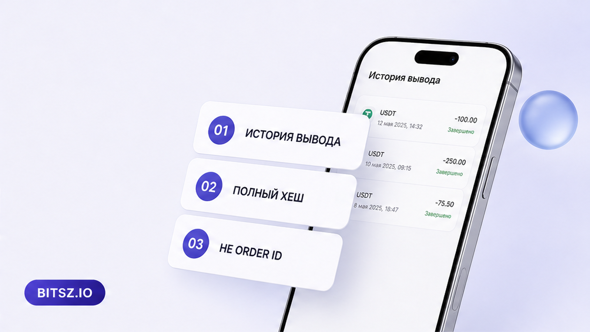 Баннер Bitsz: три шага на телефоне — история вывода, полный хеш TxID, не номер заявки