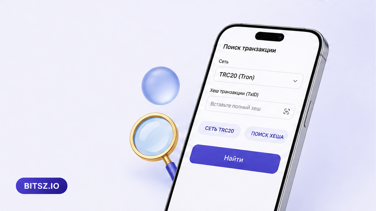 Баннер Bitsz: телефон с выбором сети TRC20 и строкой поиска хеша в обозревателе