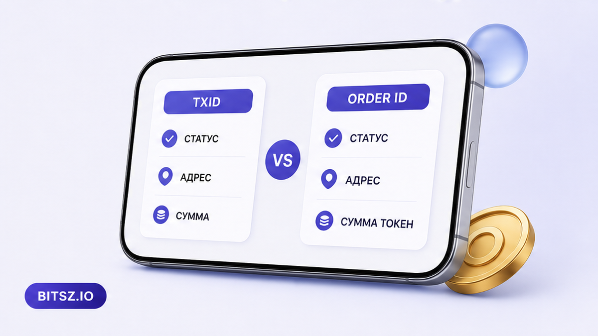 Баннер Bitsz: две колонки на телефоне — поля TxID против номера заявки, сверка адреса и суммы