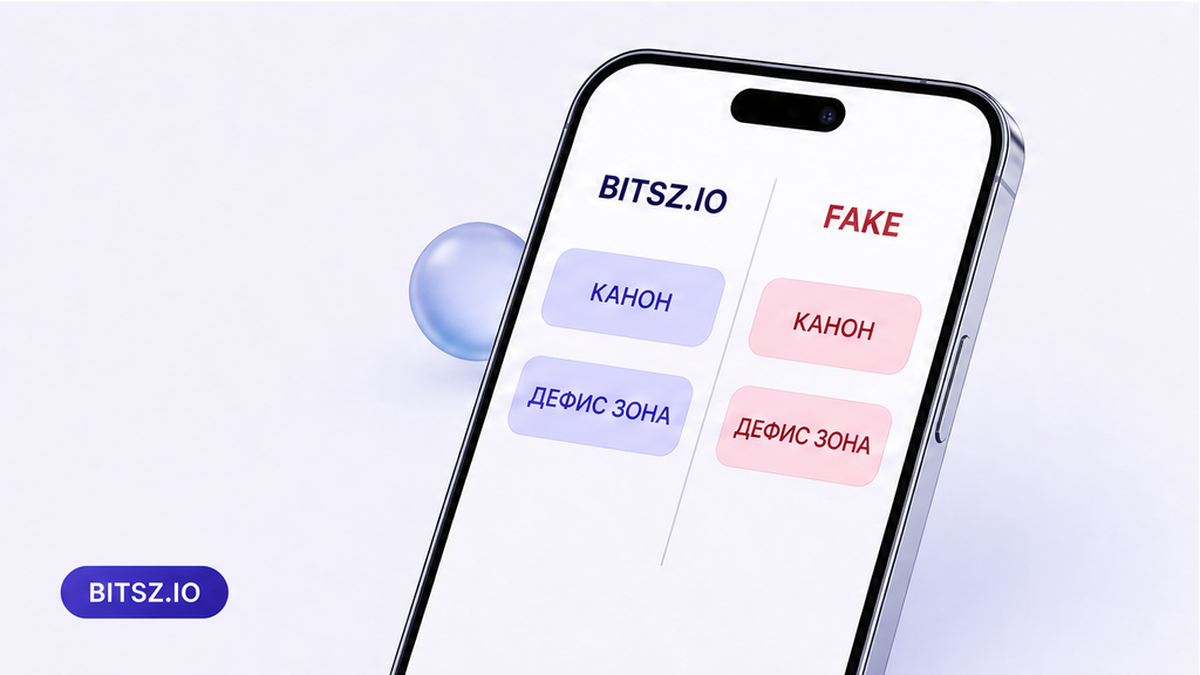 Баннер Bitsz: две колонки на телефоне — канон bitsz.io и подделка с дефисом или другой зоной