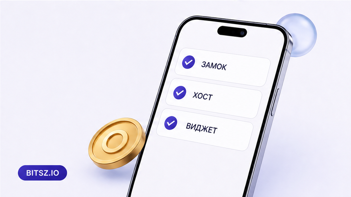 Баннер Bitsz: чеклист на телефоне — замок HTTPS, сверка хоста, реквизиты только из виджета