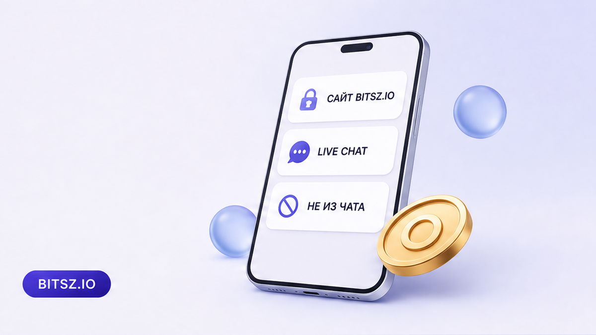 Баннер Bitsz: чеклист на телефоне, открыть bitsz.io самим, Live Chat, не ссылка из мессенджера