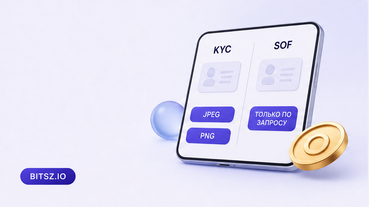Баннер Bitsz: две колонки на телефоне, базовый KYC jpeg png против источника средств только по запросу
