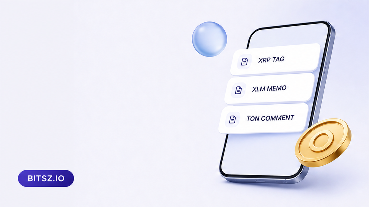 Баннер Bitsz: на телефоне три чипа сетей — Destination Tag для XRP, Memo для XLM, Comment для TON