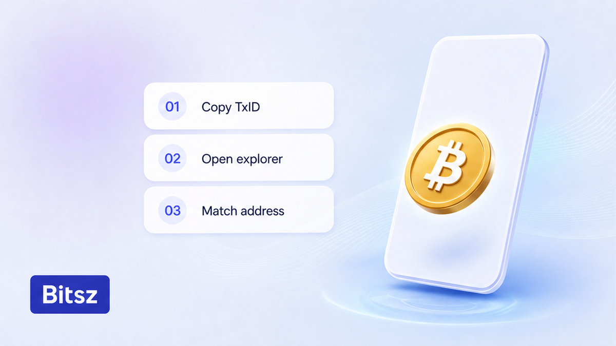 Три коротких шага на экране телефона Bitsz: Copy TxID, Open explorer, Match address