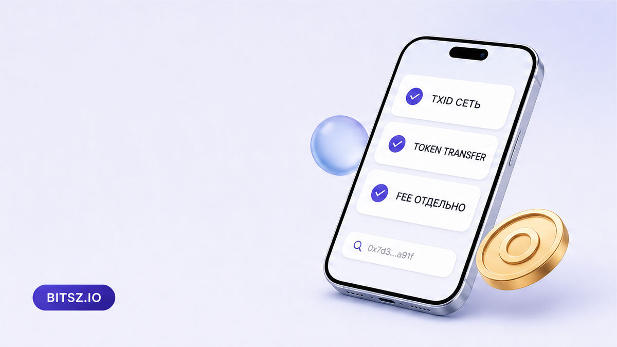 Баннер Bitsz: чеклист на телефоне, TxID той же сети, Token Transfer, комиссия сети отдельно