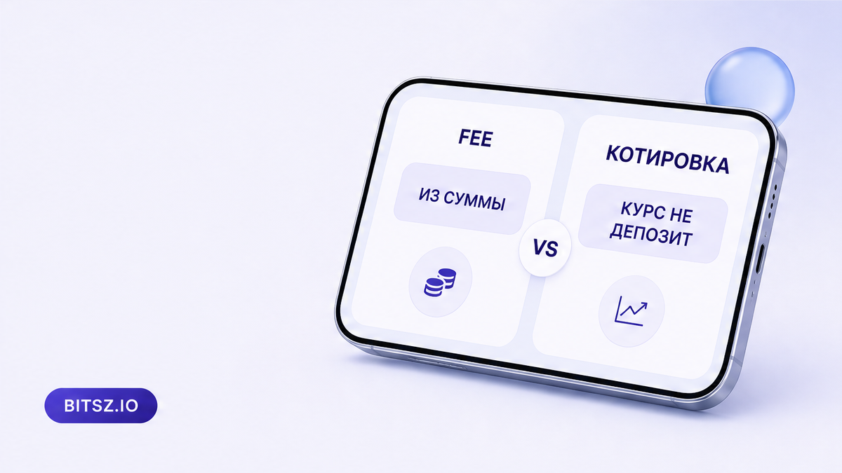 Баннер Bitsz: две колонки на телефоне, комиссия из суммы против котировки, не депозит