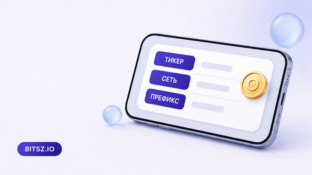 Баннер Bitsz: на экране телефона три чипа — тикер, сеть и префикс адреса