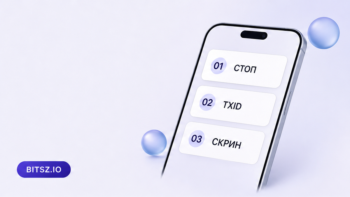 Баннер Bitsz: три шага на телефоне — стоп повторной отправки, полный TxID, скрин кошелька