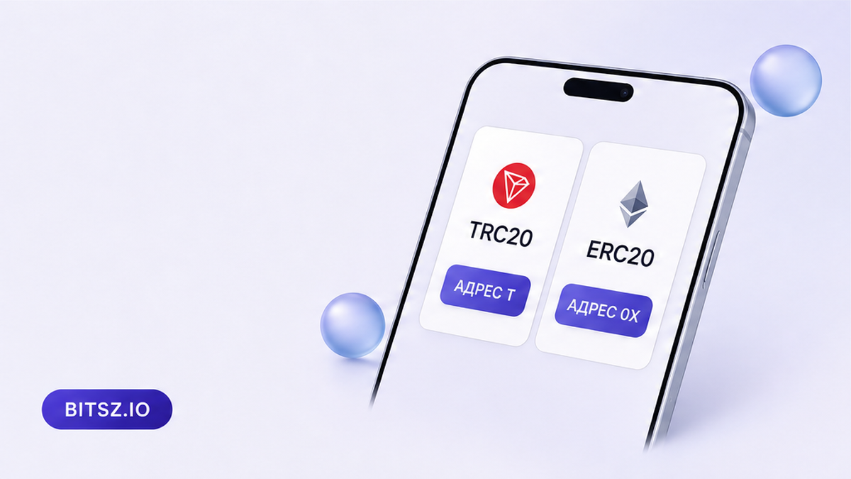Баннер Bitsz: две колонки на телефоне — сеть TRC20 с адресом T и сеть ERC20 с адресом 0x