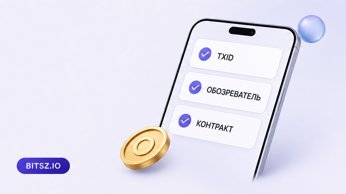 Баннер Bitsz: чеклист на телефоне — полный TxID, обозреватель своей сети, контракт из транзакции