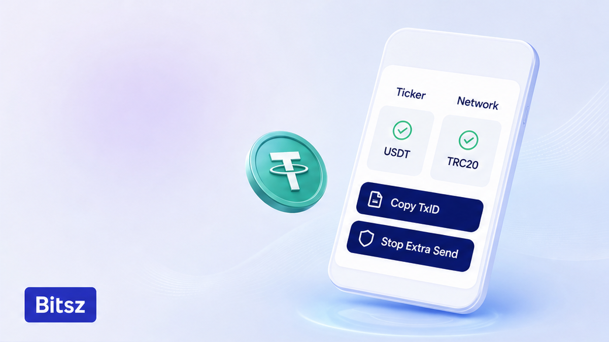 Сравнение на телефоне Bitsz: колонки Ticker и Network, чипы Copy TxID и Stop Extra Send