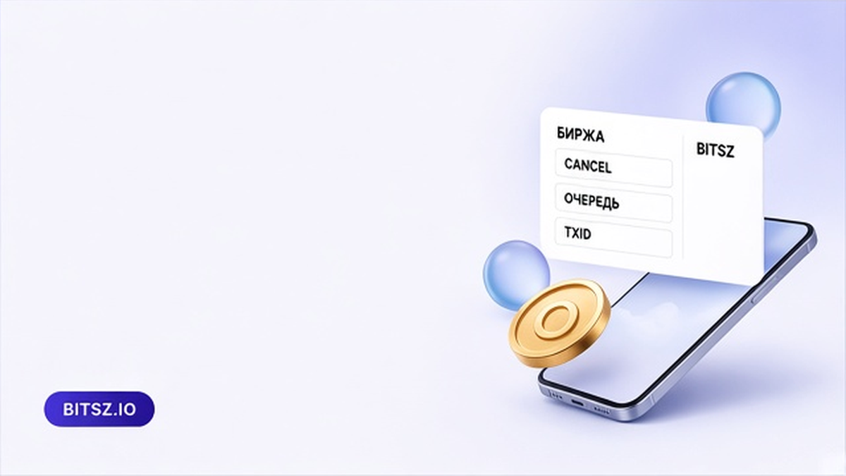 Баннер Bitsz: две колонки на телефоне, Cancel на бирже против Bitsz, чип TxID