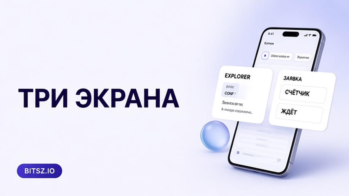 Баннер Bitsz: две колонки на телефоне, счётчик confirmations в обозревателе против статуса заявки, без лиц
