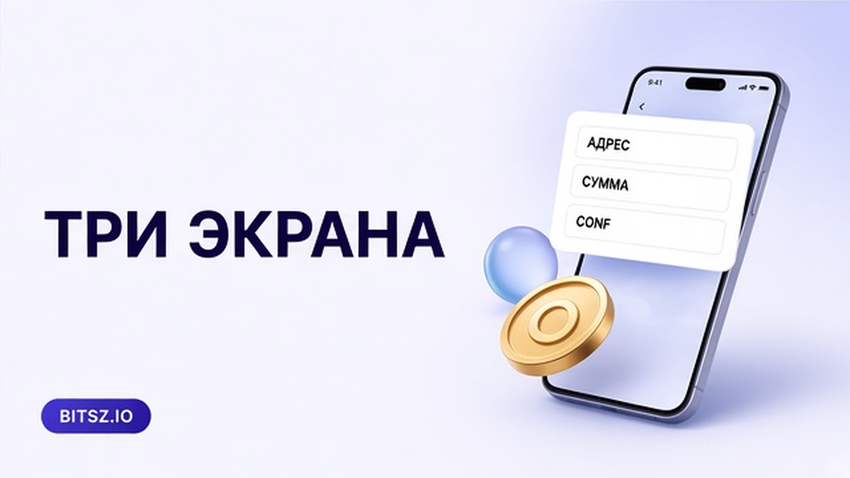 Баннер Bitsz: чеклист на телефоне адрес, сумма, число подтверждений