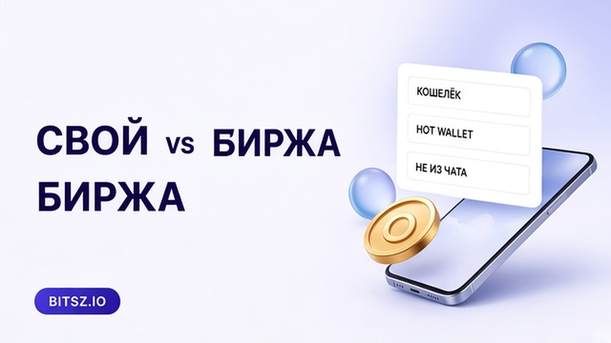 Баннер Bitsz: две колонки на телефоне, свой кошелёк против адреса биржи, чип не из чата
