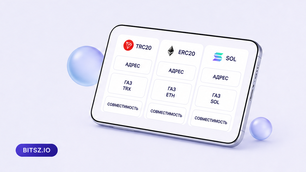 Баннер Bitsz: три колонки на телефоне, TRC20 ERC20 SOL, адрес газ совместимость