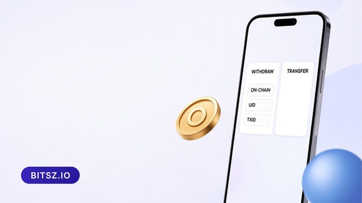 Баннер Bitsz: две колонки на телефоне on-chain Withdraw против Transfer по UID