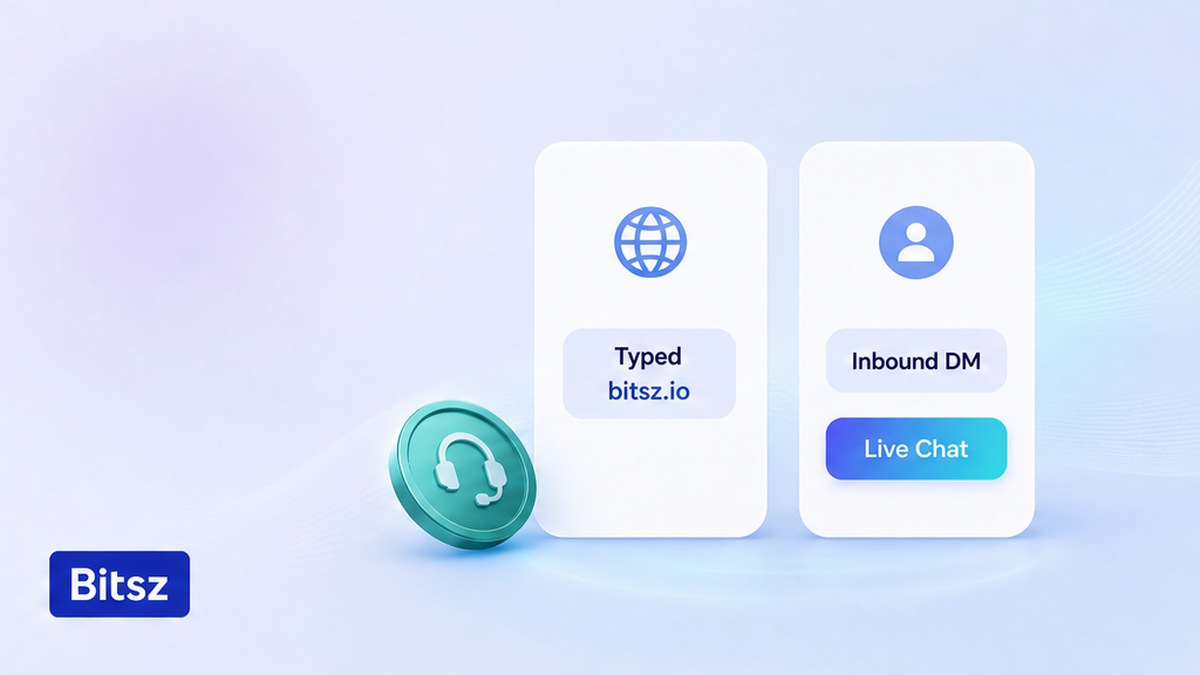 Две колонки Bitsz: набранный bitsz.io и Live Chat против входящего DM