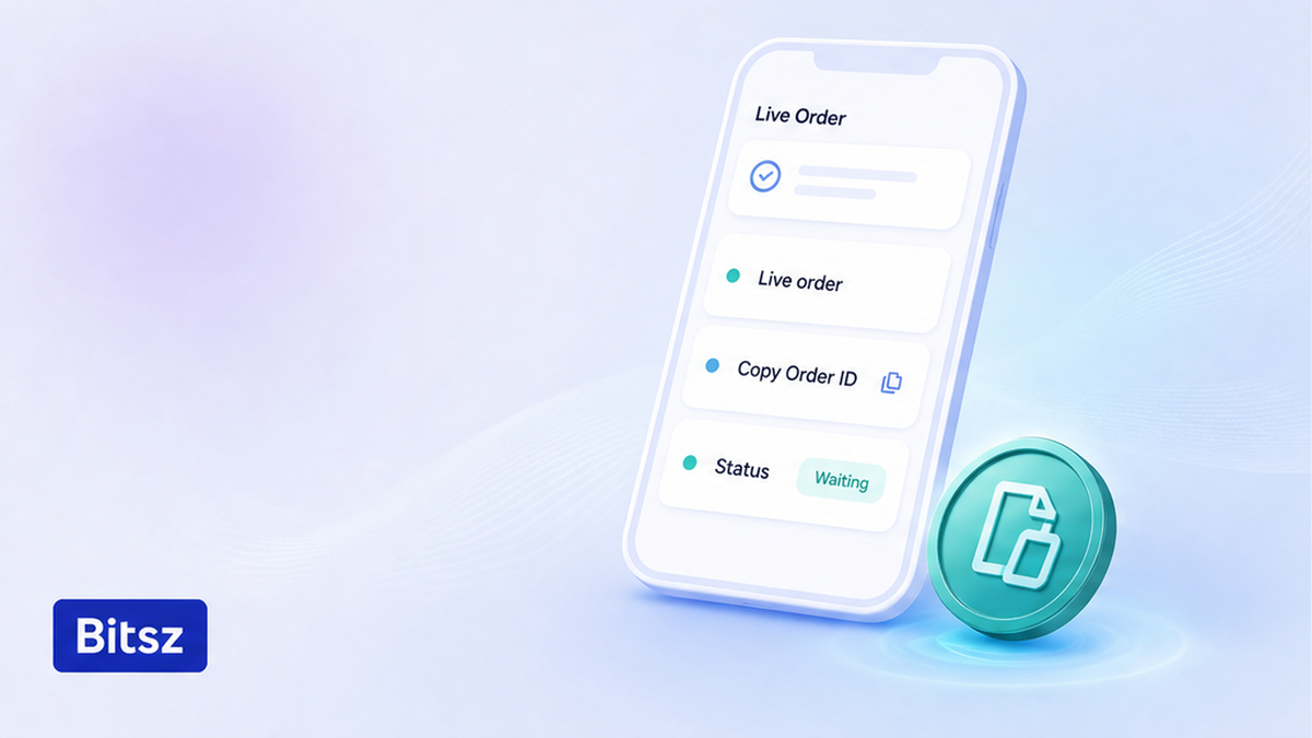 Три шага Bitsz: живой ордер, скопировать Order ID, точный status chip
