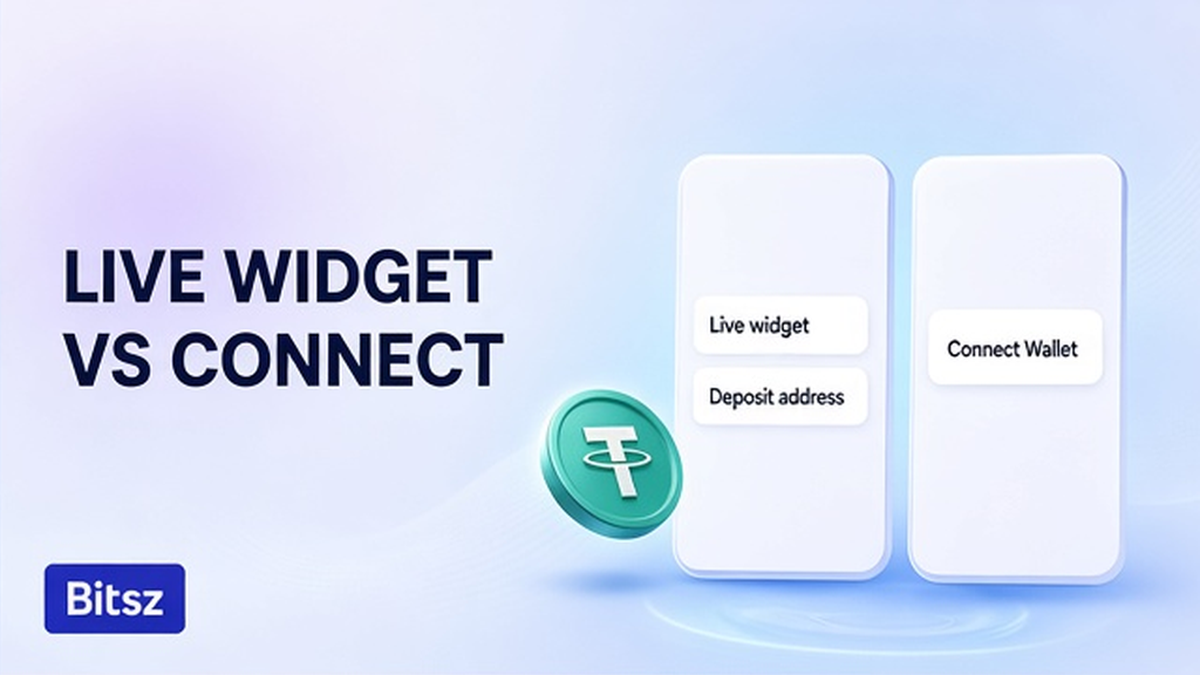 Две колонки Bitsz: живой виджет против Connect Wallet, чип адреса депозита