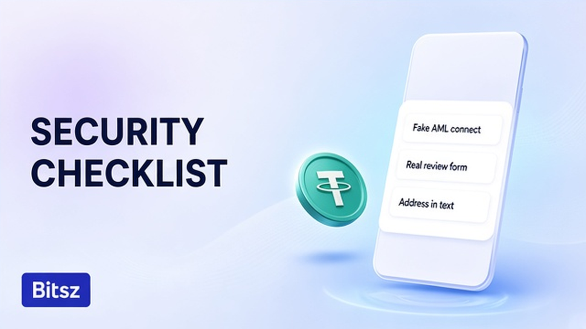 Чеклист Bitsz: фейковый AML Connect, настоящая форма проверки, адрес в тексте